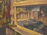 un tableau représentant un homme endormi dans un lit, dans une chambre