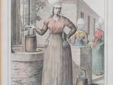 an old drawing of a woman standing in front of a well