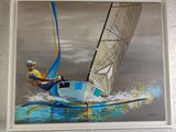 a painting of a man on a sailboat in the water