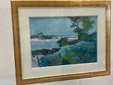painting of a landscape with a river and trees in a gold frame