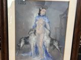 un tableau représentant une femme en robe bleue avec un chien
