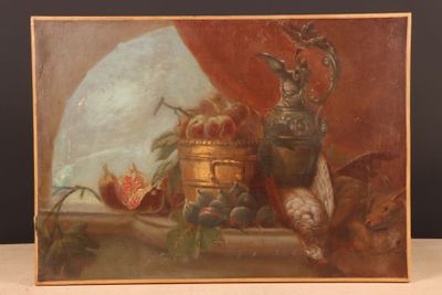 painting of a still life with fruit and a vase on a table