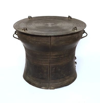 an image of a wooden table with metal handles and a wooden top
