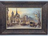 an oil painting of a street scene with a church in the background