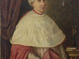 tableau représentant un homme vêtu d'une robe blanche et d'une cape rouge, tenant un livre rouge