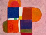 une image représentant un tableau avec un motif multicolore sur fond rose