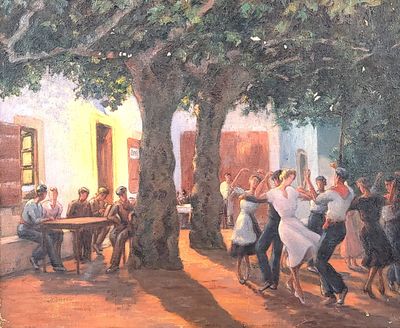 a painting of a group of people dancing under a tree
