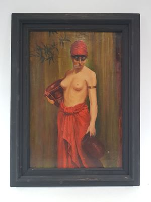 painting of a man in a red robe with a hat and a red scarf