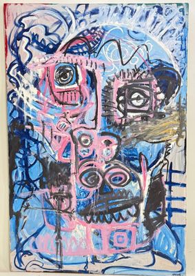 une image représentant une peinture sur un mur blanc, avec de la peinture bleue et rose