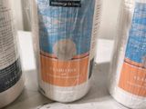 three rolls of toilet paper sitting on top of a counter