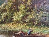 a painting of people in a boat on the water