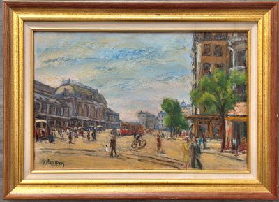 une peinture à l'huile représentant une scène de rue en ville avec des passants marchant sur le trottoir
