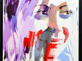 an abstract painting of a woman ' s face with purple and red colors