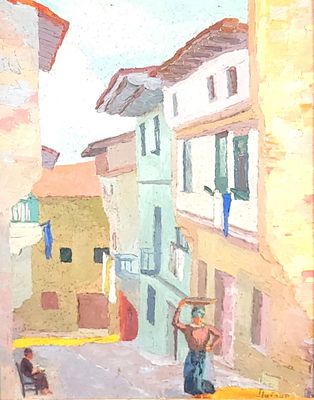 a painting of a man carrying a basket on his head