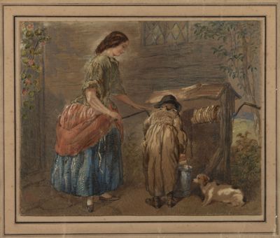painting of a woman and a child with a dog in a yard