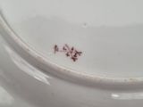 a close up view of a white plate with a red flower on it