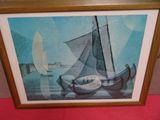 framed painting of a sailboat and a sailboat on the water