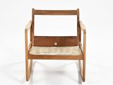 an image of a wooden chair with a seat made of wood and fabric