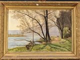 painting of a river scene with trees and a boat in the water