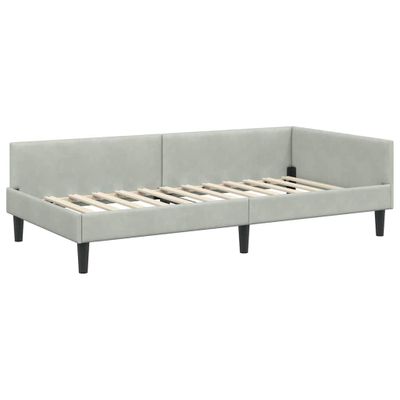 a gray couch with wooden slats and a wooden frame
