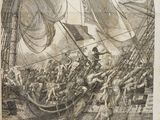 un vieux dessin représentant un bateau rempli de gens sur un plan d'eau