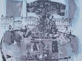 a picture of a drawing of a fountain in the middle of a city