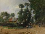 tableau représentant un chemin de terre avec une calèche et une maison au loin