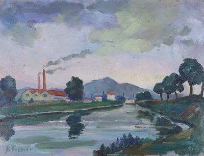 an oil painting of a river with a factory in the background