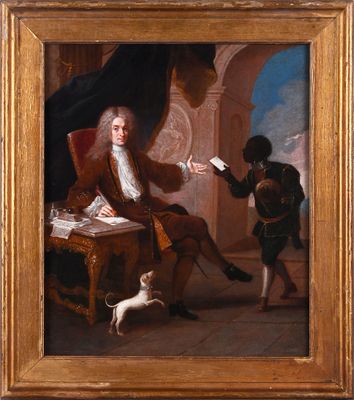 une image représentant un tableau où l'on voit un homme assis sur une chaise avec un chien