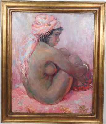 an oil painting of a nude woman sitting on a pink blanket