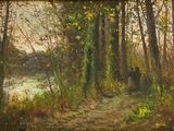 un tableau représentant un homme et une femme se promenant dans les bois