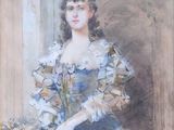 tableau représentant une femme en robe bleue tenant un bouquet de fleurs
