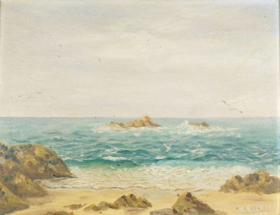 une image représentant une peinture d'une scène de plage avec des rochers dans l'eau