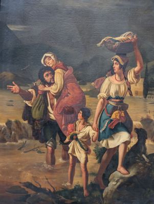 tableau représentant un groupe de personnes marchant dans un champ avec des moutons
