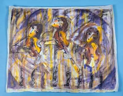 une peinture représentant un groupe de personnes sur un mur bleu