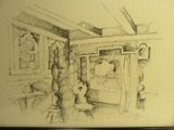 sketches of a drawing of a living room with a couch and a table