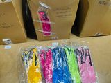 many bags of different colored items on the floor