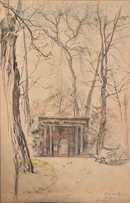 drawing of a gazebo in a wooded area with trees and a bench