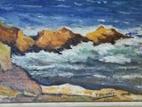 a painting of the ocean and rocks on the shore