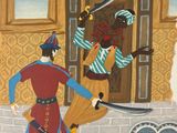 an image of a painting of two men with swords in front of a building