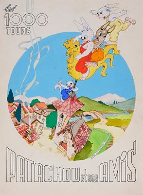 affiche de bande dessinée représentant un homme à cheval, avec deux lapins sur le dos