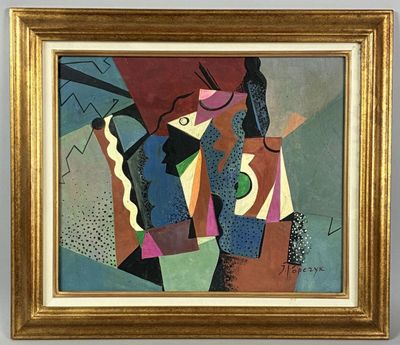 un tableau représentant une femme coiffée d'un chapeau et un homme en costume