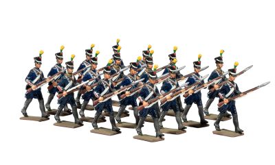the toy soldiers are dressed in blue uniforms and holding rifles