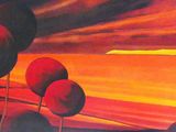 tableau représentant trois arbres rouges devant un ciel orange