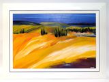 a painting of a yellow field with trees in the distance