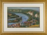 peinture représentant un paysage avec une rivière et un village au loin