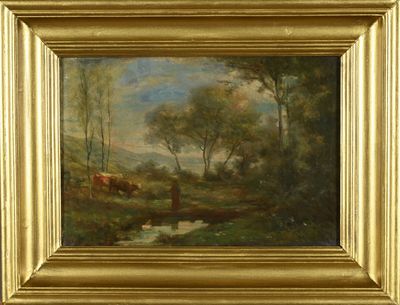 painting of a landscape with a river and cows in the foreground