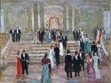 une peinture à l'huile représentant un groupe de personnes en tenue de cérémonie descendant un escalier