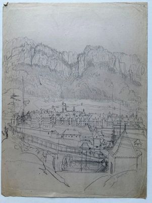 un vieux dessin représentant un bateau sur un plan d'eau, avec des montagnes en arrière-plan