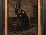 a painting of a man sitting on a chair in front of a mirror